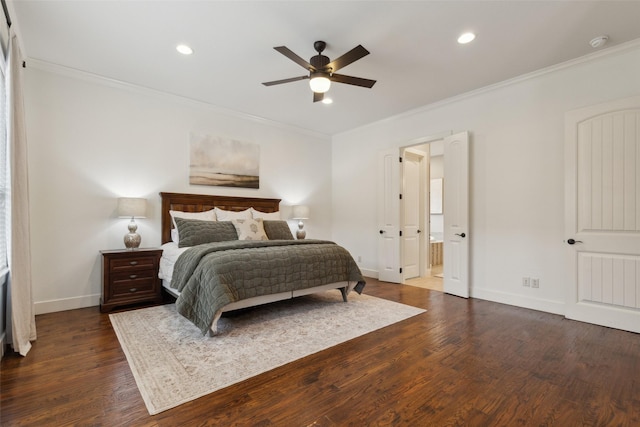 bedroom featuring dark wood-type flooring, recessed lighting, crown molding, and baseboards