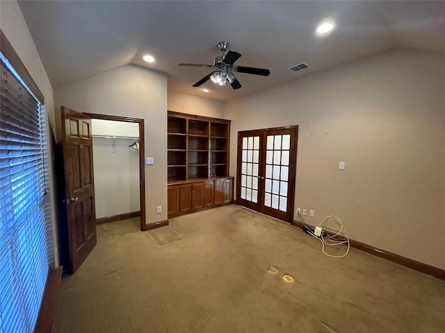 interior space with french doors, recessed lighting, visible vents, vaulted ceiling, and baseboards