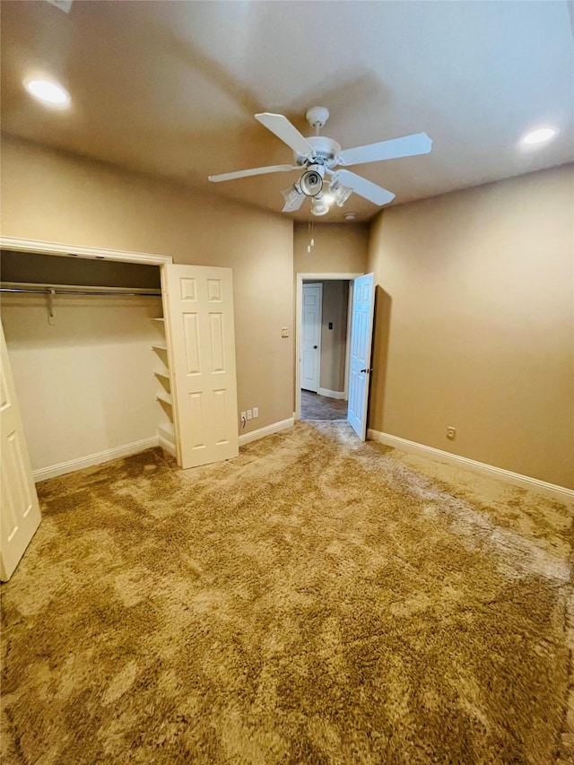 unfurnished bedroom with recessed lighting, carpet flooring, a ceiling fan, and baseboards