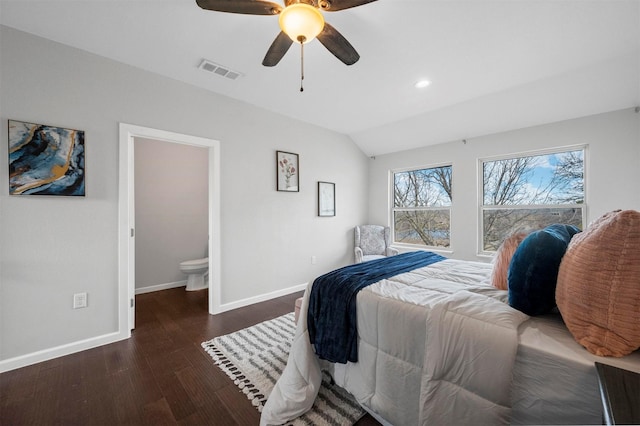 bedroom with baseboards, visible vents, wood finished floors, vaulted ceiling, and recessed lighting