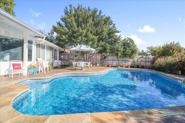 view of swimming pool featuring a fenced in pool, a patio area, and a fenced backyard