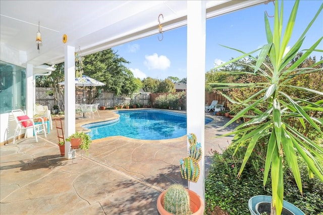 view of pool with a patio area, a fenced backyard, and a fenced in pool