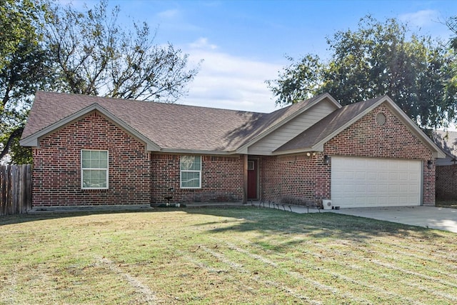 ranch-style house featuring brick siding, an attached garage, a front yard, fence, and driveway