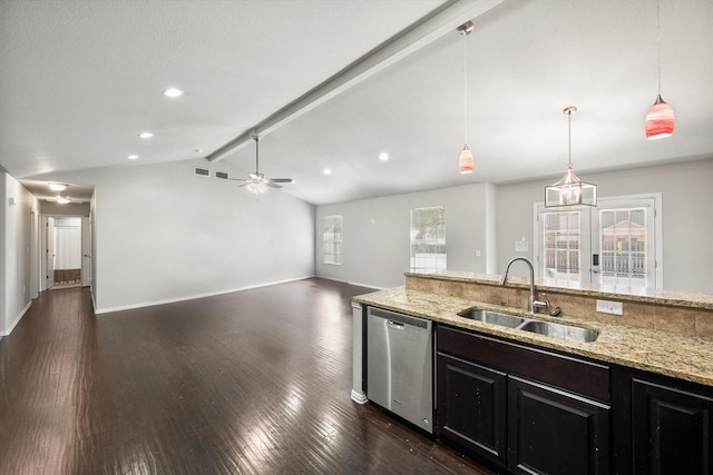 kitchen featuring lofted ceiling with beams, a sink, stainless steel dishwasher, light stone countertops, and dark wood finished floors