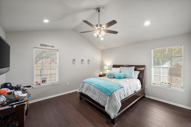 bedroom with baseboards, a ceiling fan, lofted ceiling, wood finished floors, and recessed lighting