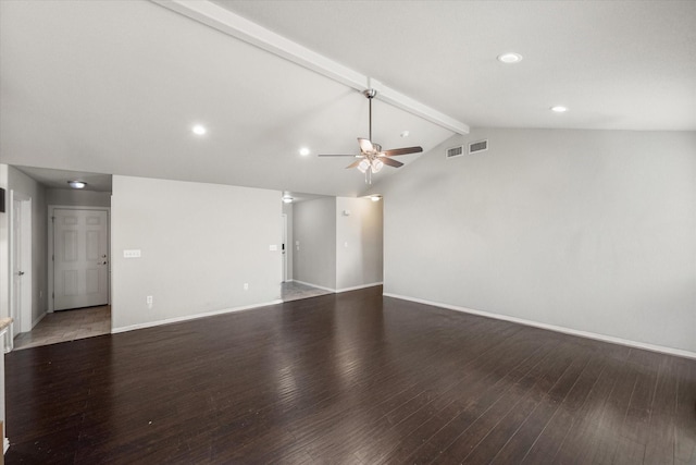 unfurnished living room featuring vaulted ceiling with beams, visible vents, ceiling fan, wood finished floors, and baseboards