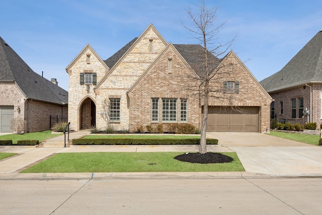 view of front of home with a garage, concrete driveway, and brick siding