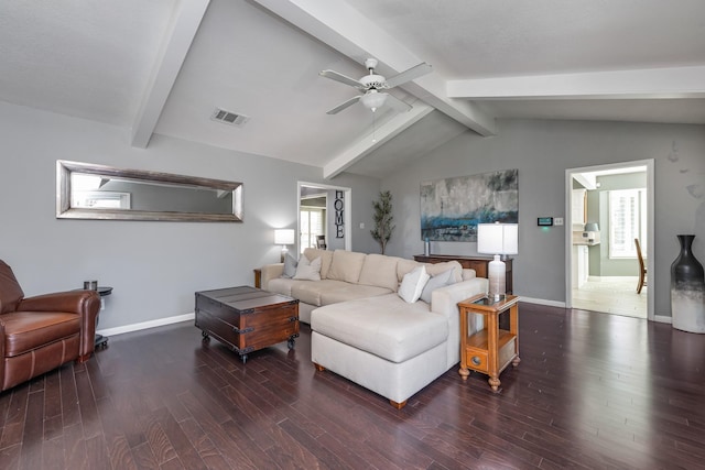 living area featuring lofted ceiling with beams, baseboards, visible vents, and wood finished floors