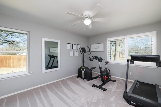 exercise area with carpet floors, baseboards, and a ceiling fan