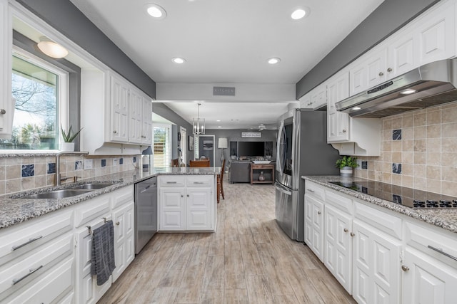 kitchen featuring stainless steel appliances, white cabinets, a sink, and under cabinet range hood