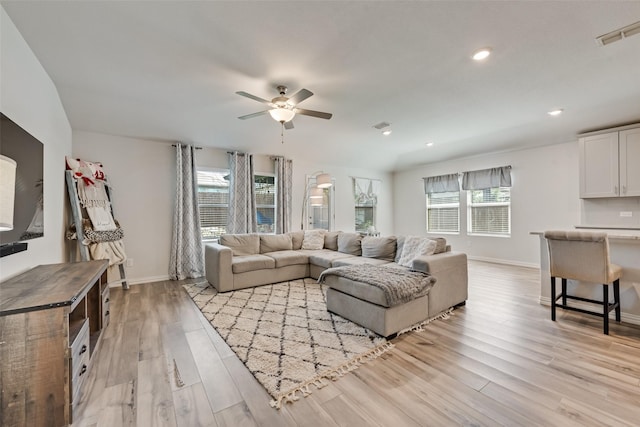 6116 Pathfinder Trl, Fort Worth, TX 76179 - living area featuring healthy amount of natural light, light wood-type flooring, ceiling fan, baseboards, and recessed lighting