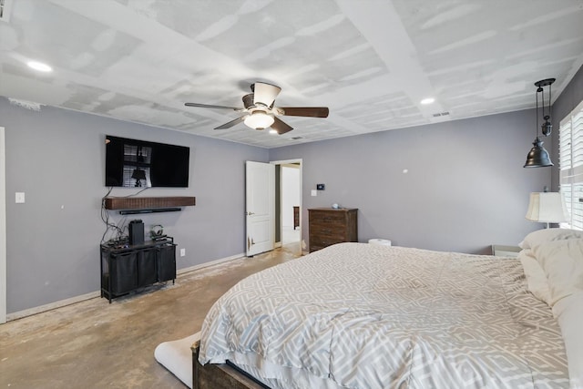 bedroom with a ceiling fan, unfinished concrete flooring, baseboards, and visible vents