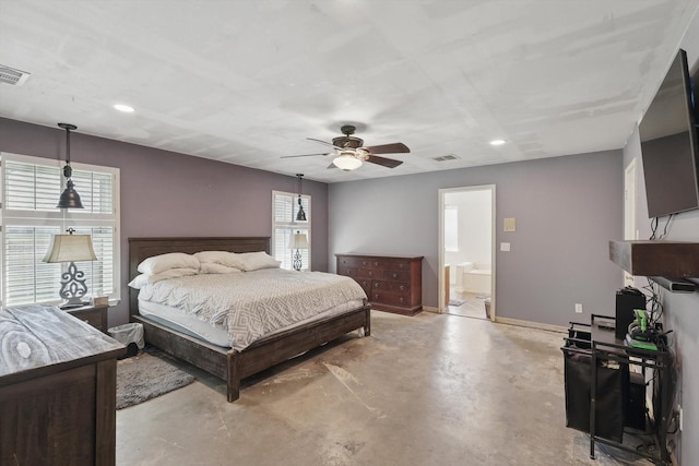 bedroom featuring multiple windows, baseboards, visible vents, and concrete floors