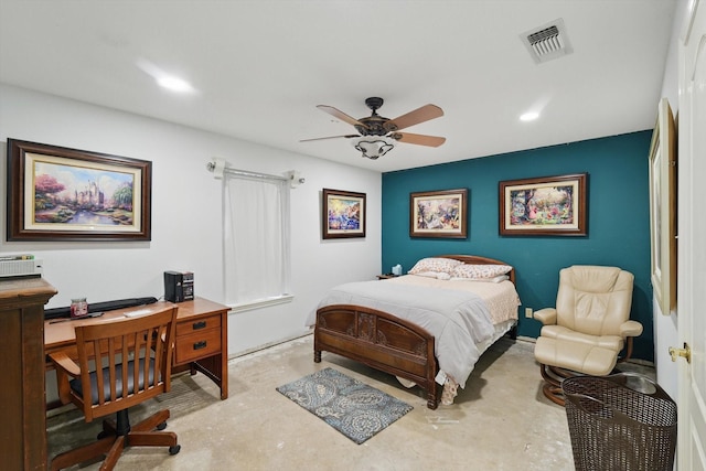 bedroom featuring recessed lighting, visible vents, concrete flooring, and ceiling fan