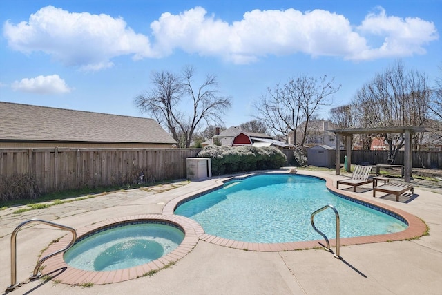 view of swimming pool featuring an in-ground hot tub, a fenced backyard, a patio area, a storage shed, and an outdoor structure