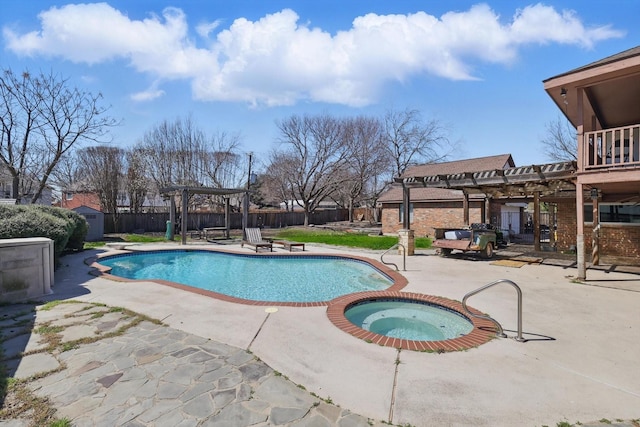 view of swimming pool featuring a pergola, a fenced backyard, a fenced in pool, an in ground hot tub, and a patio area