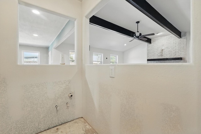 interior space featuring beam ceiling, recessed lighting, and ceiling fan