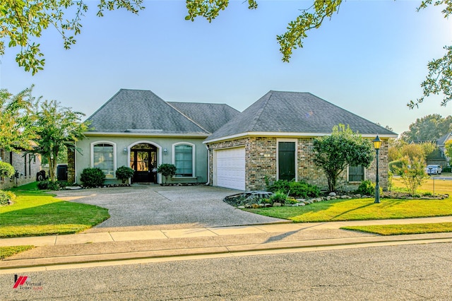 view of front of home featuring a garage, brick siding, driveway, roof with shingles, and a front lawn