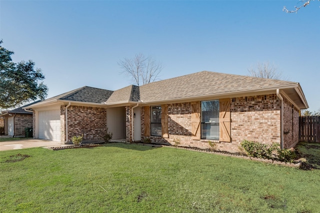 single story home featuring a garage, brick siding, driveway, roof with shingles, and a front yard