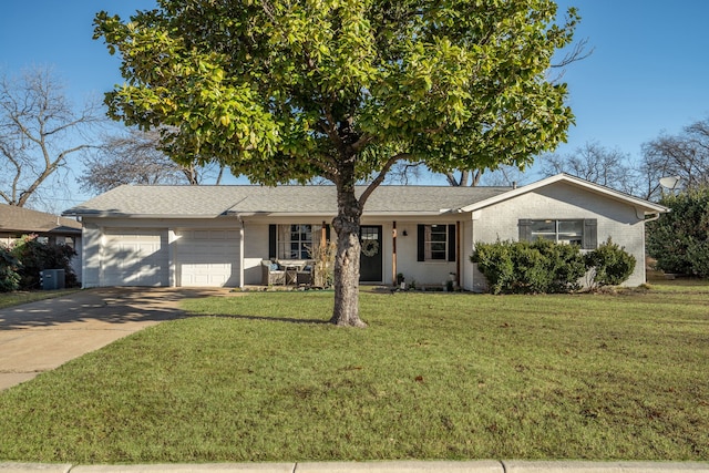 ranch-style house with driveway, an attached garage, cooling unit, a front lawn, and brick siding