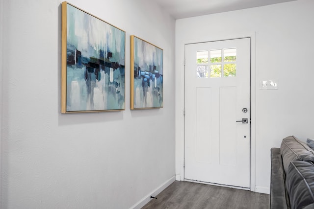 foyer entrance with baseboards and wood finished floors