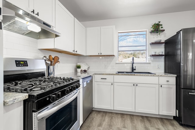 kitchen with appliances with stainless steel finishes, white cabinets, a sink, and under cabinet range hood