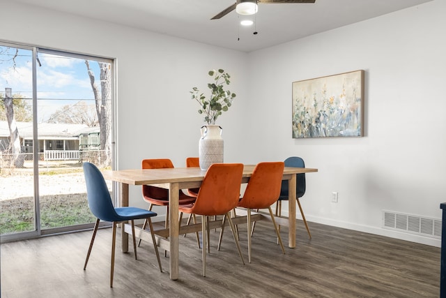 dining area with a ceiling fan, wood finished floors, visible vents, and baseboards