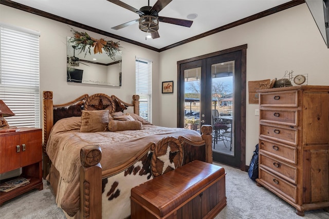 bedroom with access to exterior, french doors, light carpet, and ornamental molding