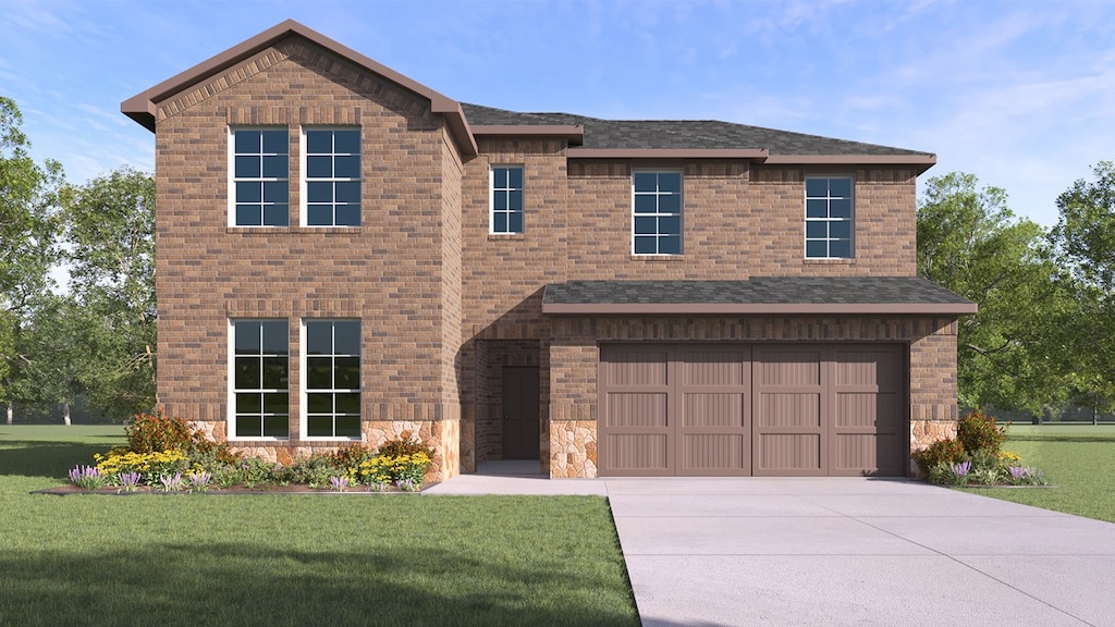 view of front of home with driveway, a garage, roof with shingles, a front lawn, and brick siding