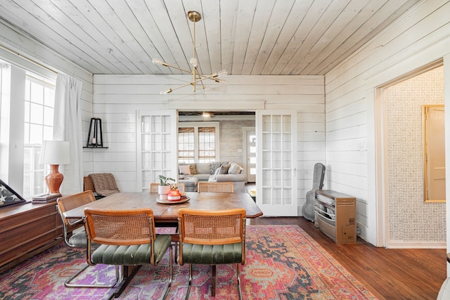 dining space featuring dark wood-style floors and wooden ceiling