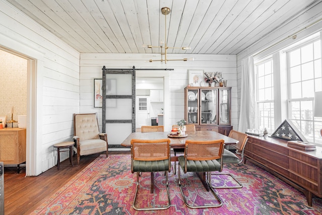 dining area featuring a barn door, wood walls, wood finished floors, and wood ceiling