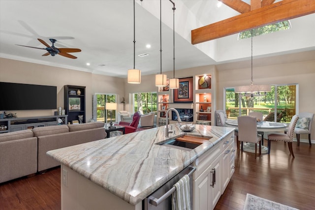 kitchen featuring open floor plan, dark wood finished floors, white cabinetry, and a sink
