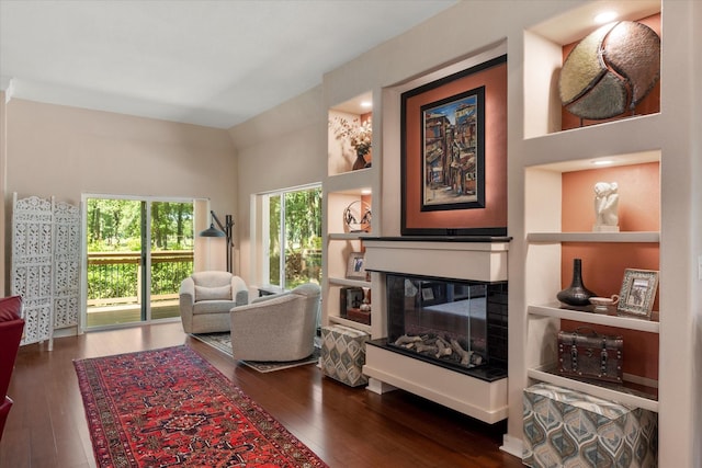 living area with wood-type flooring, a glass covered fireplace, and built in features