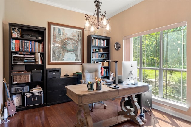 office space featuring a chandelier, wood finished floors, and crown molding