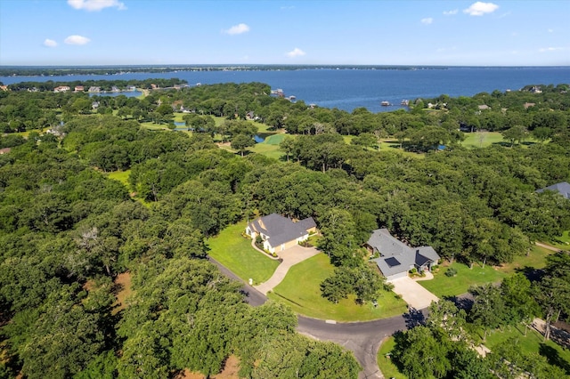 drone / aerial view with a water view and a forest view