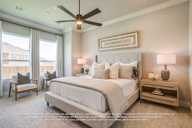 bedroom with carpet floors, a ceiling fan, visible vents, baseboards, and ornamental molding