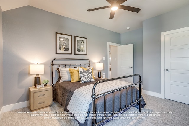 carpeted bedroom featuring lofted ceiling, ceiling fan, and baseboards