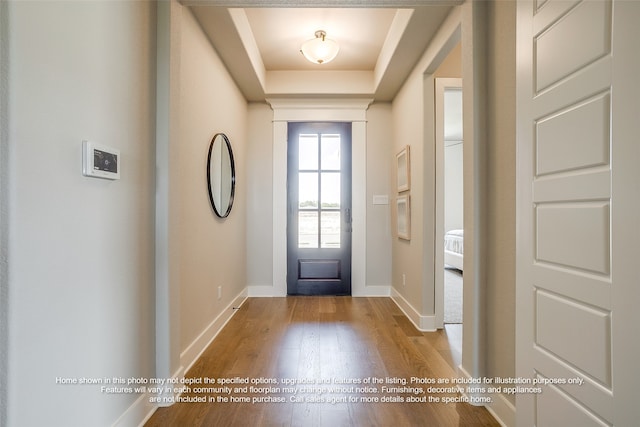 foyer featuring a raised ceiling, baseboards, and wood finished floors