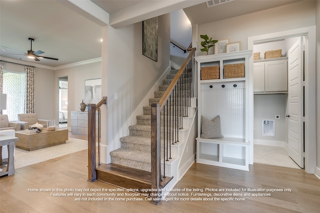 mudroom with baseboards, visible vents, ceiling fan, ornamental molding, and wood finished floors