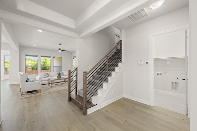 4814 Nomad Dr, Midlothian, TX 76065 - stairs with wood finished floors, baseboards, a ceiling fan, and recessed lighting