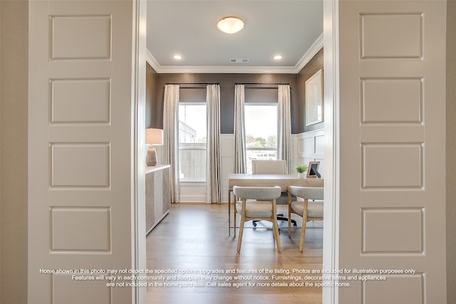 office featuring ornamental molding, recessed lighting, visible vents, and light wood-style floors