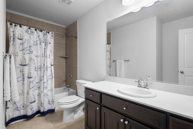 full bath featuring tile patterned flooring, toilet, shower / tub combo, vanity, and visible vents