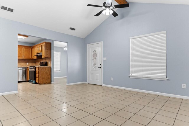 unfurnished living room with ceiling fan, visible vents, and baseboards