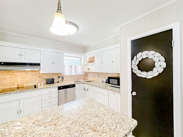 kitchen with black electric cooktop, under cabinet range hood, a sink, stainless steel dishwasher, and open shelves