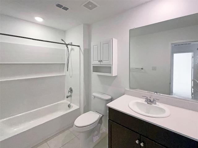 bathroom with toilet, visible vents, shower / bathing tub combination, and vanity