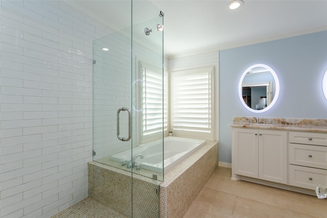 bathroom with a shower stall, ornamental molding, a bath, and tile patterned floors