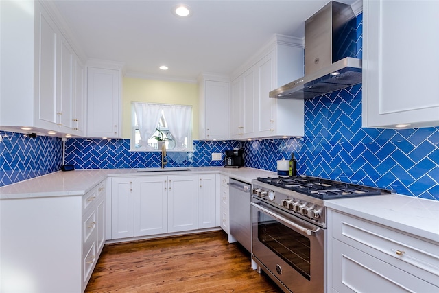 kitchen featuring wall chimney exhaust hood, white cabinetry, stainless steel appliances, and a sink