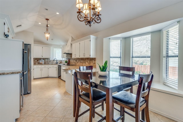 2701 Shadow Dr W, Arlington, TX 76006 - dining space featuring visible vents, a chandelier, recessed lighting, light tile patterned floors, and vaulted ceiling