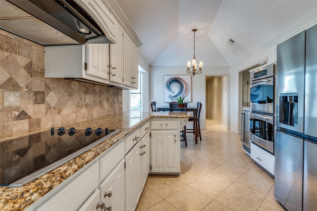 2701 Shadow Dr W, Arlington, TX 76006 - kitchen featuring visible vents, decorative backsplash, ventilation hood, appliances with stainless steel finishes, and a notable chandelier