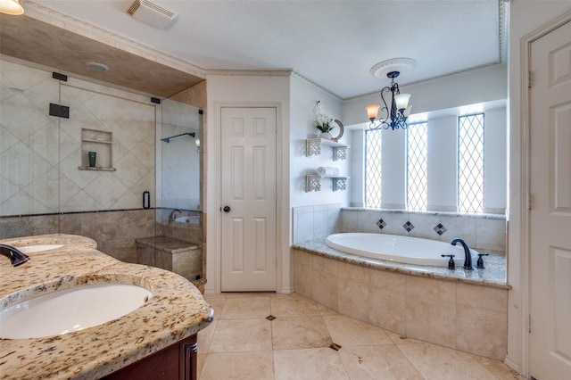 full bathroom with tile patterned flooring, visible vents, a shower stall, a bath, and crown molding